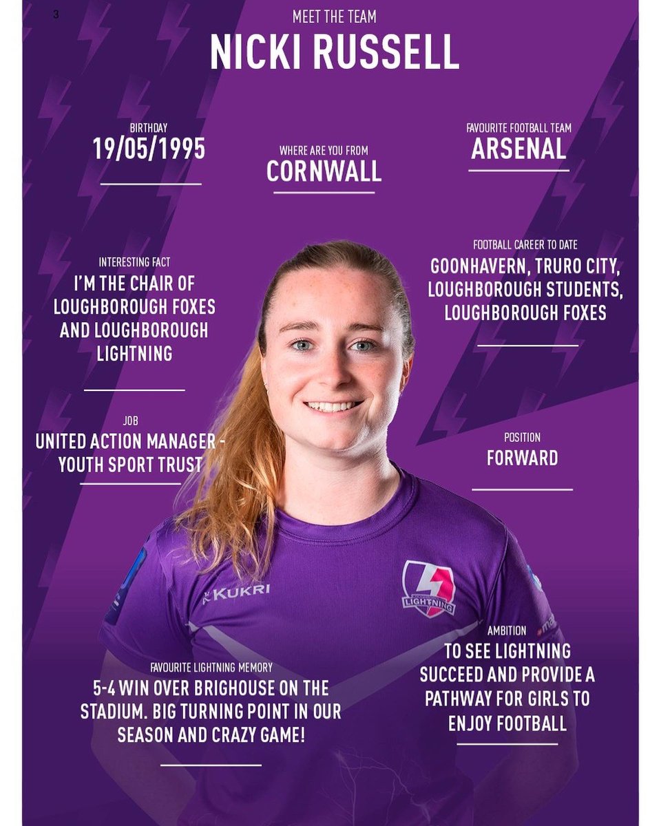 Lightningfootbl's tweet image. IT’S FRIDAY FEATURE TIME🤩

Today’s Friday feature is our fantastic forward, Nicki Russell⚡️

Get all the information on Nicki below👇🏼