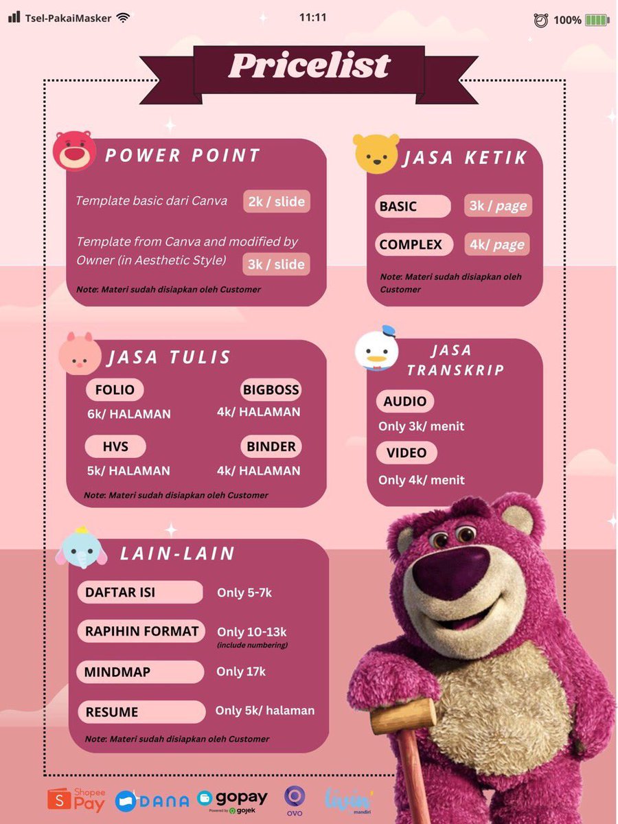 bronstellar's tweet photo. 🍥 Bronstellar || Ready To Help You! 🍥

Available:
✿ Jasa bikin Powerpoint (by Canva Pro)
✿ Jasa Tulis
✿ Jasa Ketik
✿ Jasa Lainnya
✿ etc.

💌 dm for more details (∩˃o˂∩)♡

#jokitugas #jokitugasmurah #jokippt #jokitulis #jokimurmer #zonauang #zonaba #jokipptaesthetic https://t.co/dZ33ysurJU