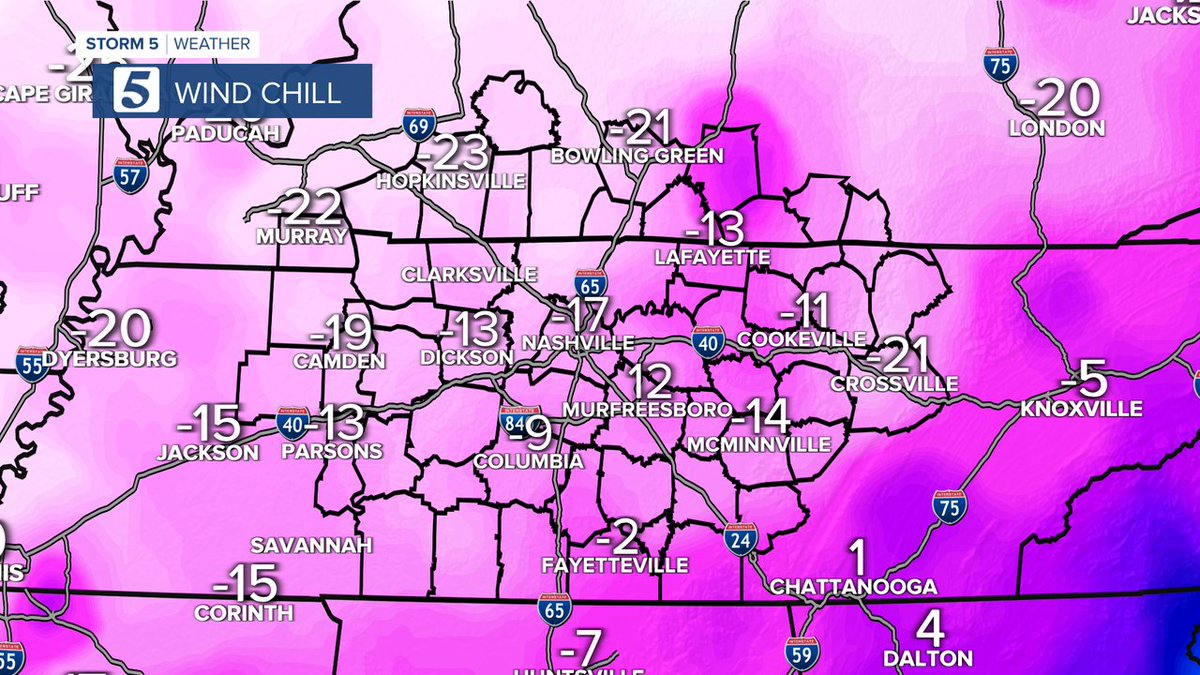 NC5_LelanStatom's tweet photo. Dangerous Wind Chill Temperatures this morning. Here are the readings at 4am. The "Feels Like" will remain below zero all day long. Get your forecast for the #Christmasweekend now on @NC5 This Morning. #tnwx #kywx #Storm5Alert #CrazyCold #ArcticBlast https://t.co/bFrijDPYlx