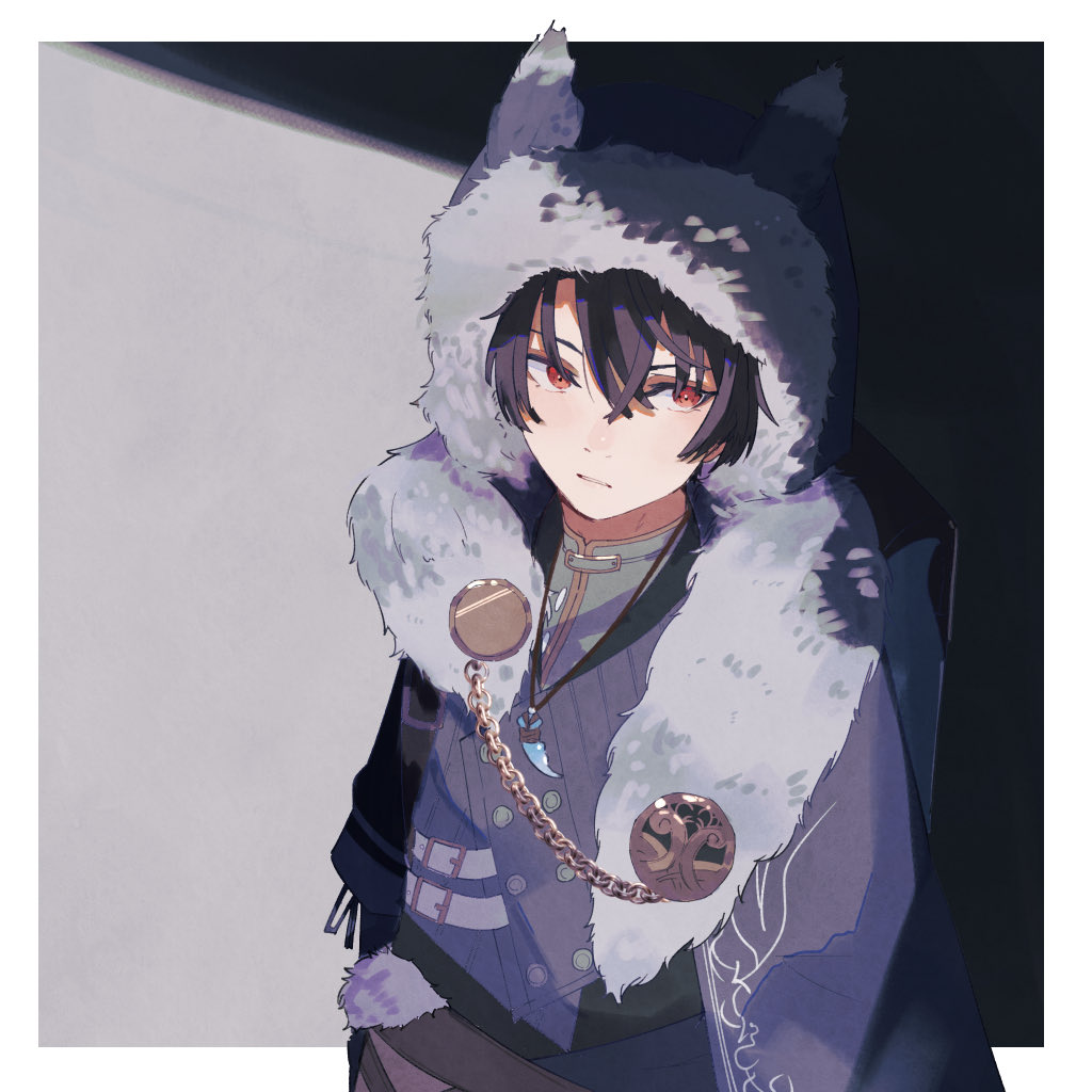 1boy male focus solo black hair fur trim red eyes hood  illustration images