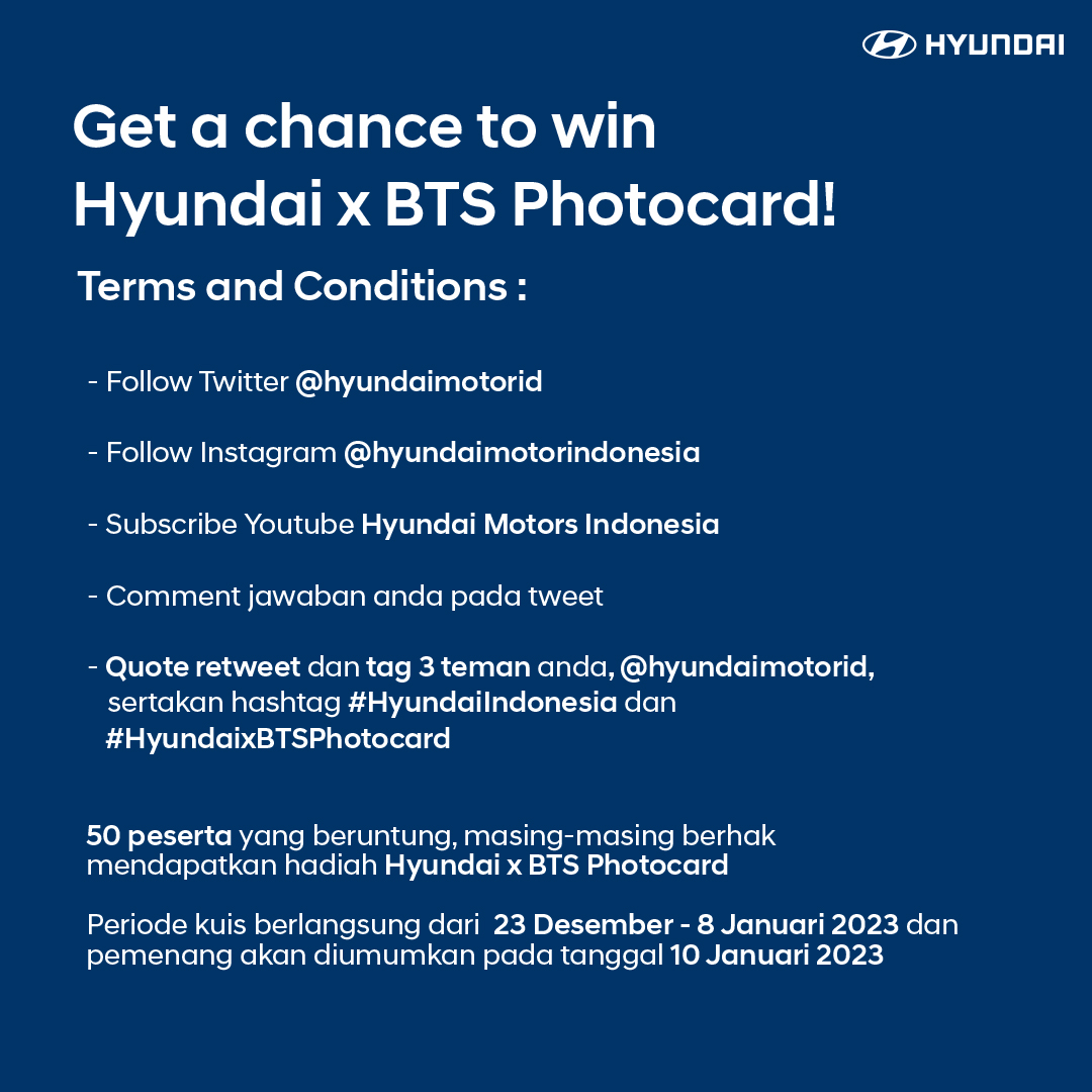 hyundaimotorid's tweet photo. Yuk tes pengetahuan Anda seputar Hyundai CRETA. Jawab kuisnya dan menangkan hadiahnya. Jangan lewatkan kesempatan Anda untuk dapatkan Hyundai x BTS Photocard!

Syarat dan ketentuan di bawah ini. Semoga beruntung!

#Hyundai #HyundaiIndonesia #CRETA #HyundaixBTSPhotocard https://t.co/ZBbVx9dTpc