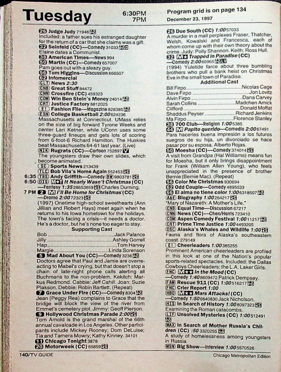 Dec 23 '97 - Technically The Hallmark Channel didn't start until 2001, but you could present the #TVGuide pitch for 'I'll Be Home for Christmas,' and it would fit perfectly on the channel today. Plus Jack Palance! #OTD #1990sTV #1990s