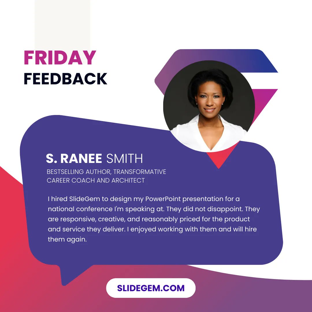 SlideGem's tweet image. Thanks again for your support and great review. We appreciate your business!
Contact us today:
📨 Email: Hi@slidegem.com
📲 WhatsApp: +92 3096 302626

#FridayFeedback #SlideDesigner #ProPresentationDesigner
#testimonial #Powerpoint #designthinking #visualdesign