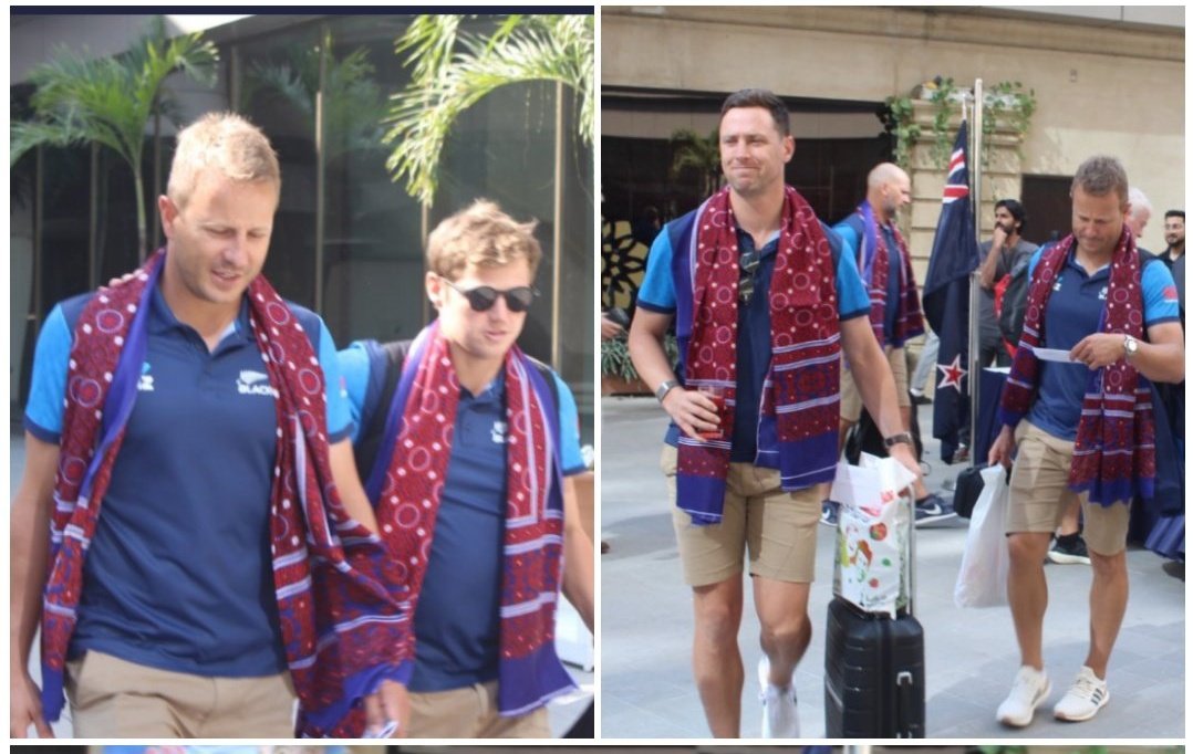MagsiSabdil's tweet photo. as a Sindhi it's proud for us that new Zealand team welcomed with Sindhi ajrak  ❤️#welcometoPakistan
@ICC #PakvsNz
@newzealandmusic https://t.co/Q9cTUGQqYm