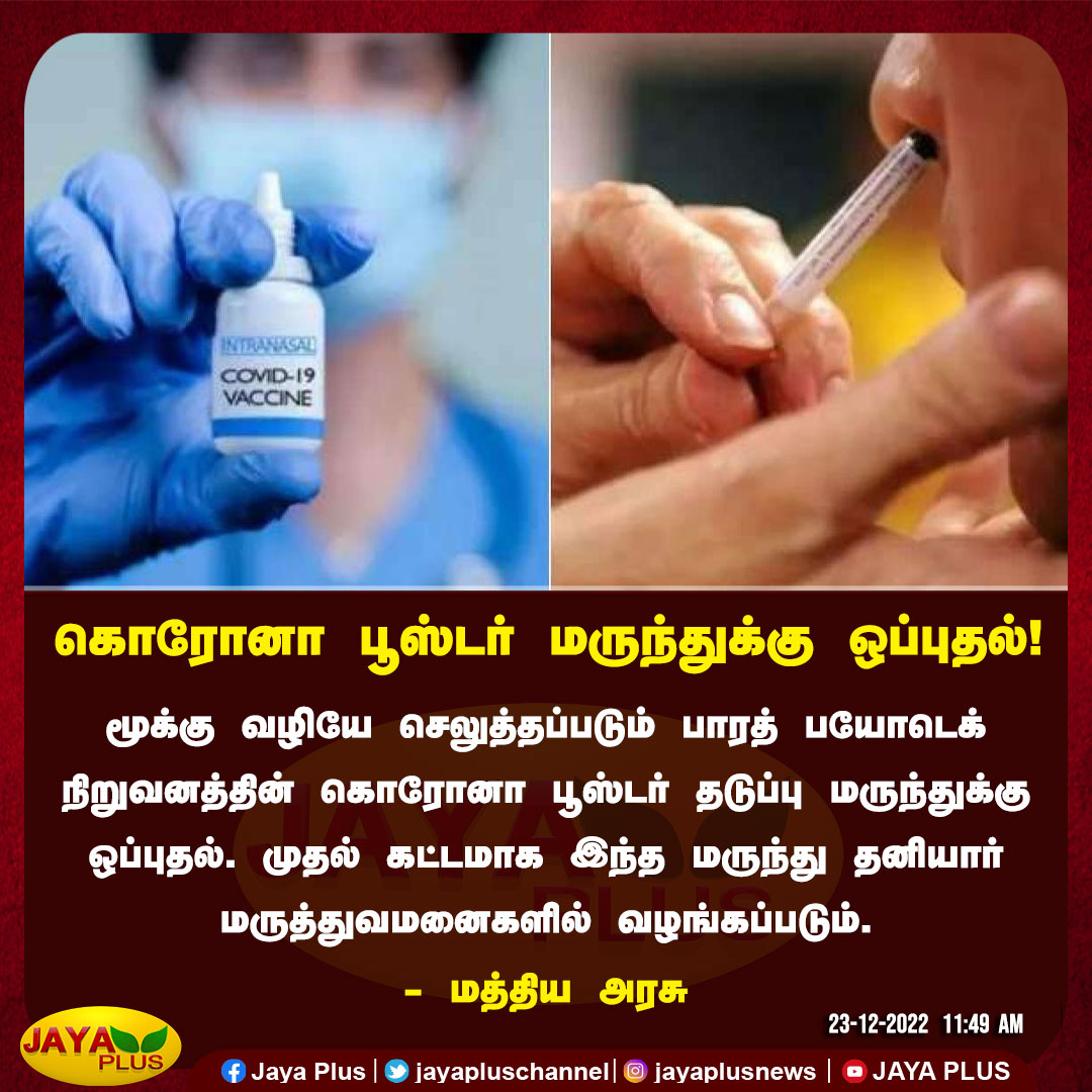 jayapluschannel's tweet photo. மூக்கு வழியே செலுத்தப்படும் பாரத் பயோடெக் நிறுவனத்தின் கொரோனா பூஸ்டர் தடுப்பு மருந்துக்கு ஒப்புதல்.

#BharatBiotech #COVID #coronavirus #Omicron #OmicronBF7 #OmicronWave #boosterdose https://t.co/ilOSxWOL2E