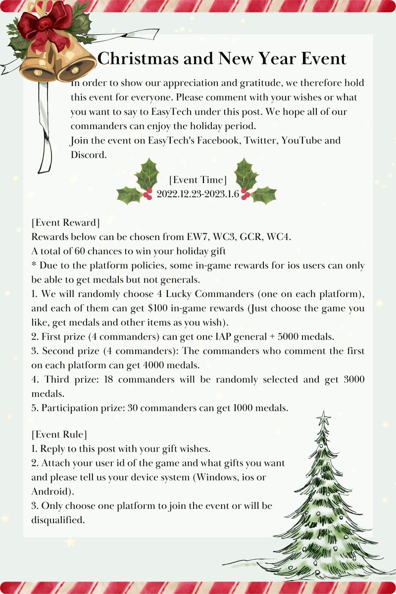 👑Join the event and win the $100 rewards!👑
Reply under this post with your game id and the gift you want, and you will have a chance to win them!
[Event Time]
2022.12.23-2023.1.6