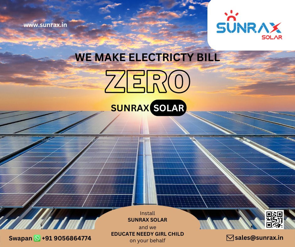 SunraxGroup's tweet photo. “We Make Electricity Bill ZERO”

Call us for FREE Assessment +91 9056864774
Install Sunrax Solar and we Educate Needy Girl Child on your behalf
Enquire Now to get Sunrax Solar Plant https://t.co/e1i6tq87L3
#SolarPanels #solar #solarenergy #solarpower #solarpv #ecofriendly #sunrax https://t.co/ktiSF9LAxO