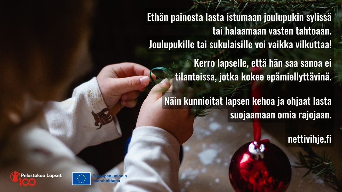 pelastakaalapse's tweet photo. Ethän painosta lasta istumaan joulupukin sylissä tai halaamaan vasten tahtoaan.

Joulupukille tai sukulaisille voi vaikka vilkuttaa!

Näin kunnioitat lapsen kehoa ja ohjaat lasta suojaamaan omia rajojaan.

@nettivihje https://t.co/q6uz2DWD7j