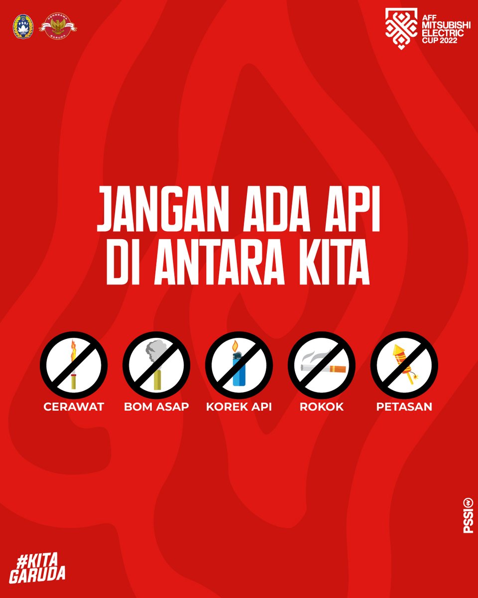 PSSI's tweet image. ❌❌❌ Cerawat/suar, bom asap, kembang api, dan benda serupa lainnya dilarang dari semua pertandingan kami.

Ayo, kita jaga bersama keamanan dan kenyamanan pertandingan hari ini agar dapat menciptakan suasana yang nyaman bagi kita semua.

#KitaGaruda #MeraihImpian #TimnasDay