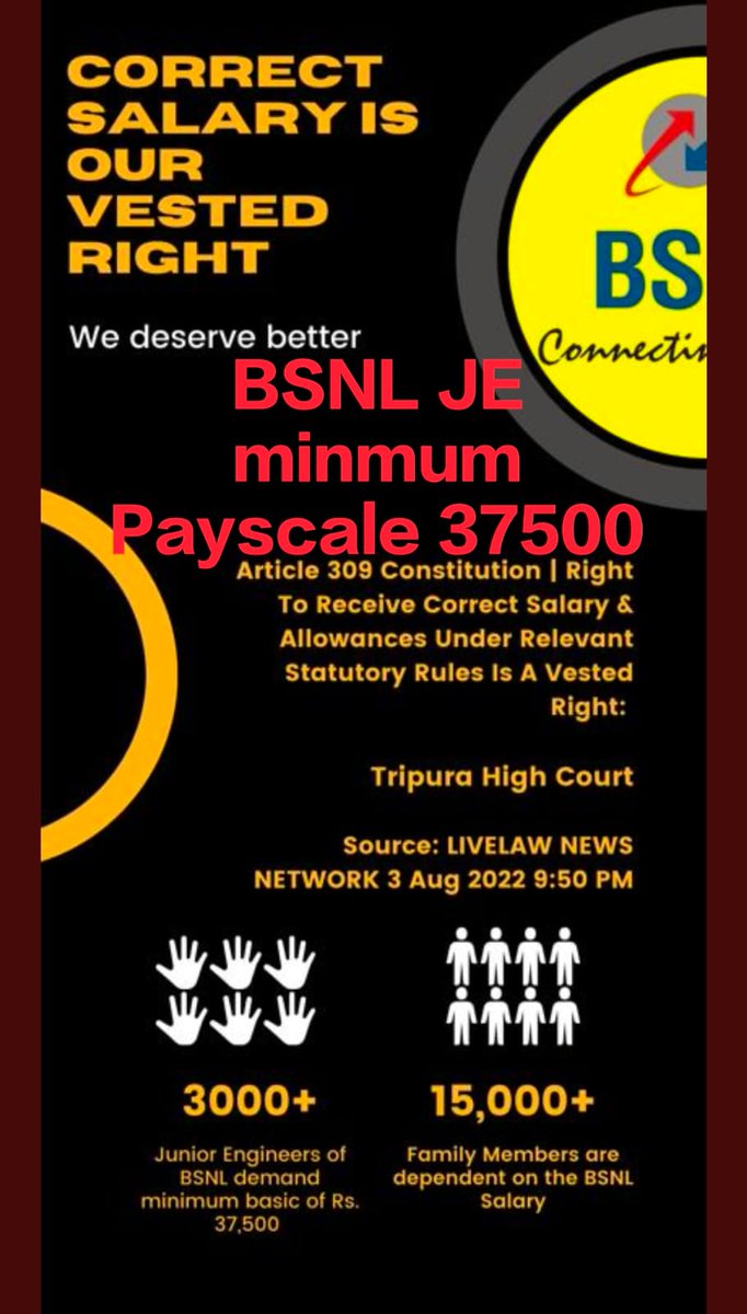 VishalGupta189's tweet photo. #BSNL_JE_Minimum_PAYSCALE_37500. 
Keeping payscale in standard_competitive, will attract talented young engineers from open market to serve this company better. #payscale #37,500
#Bsnl @PMOIndia @FinMinIndia
@BSNLCorporate 
@CMDBSNL 
@devusinh 
@AshwiniVaishnaw 
@DoT_India https://t.co/JIQIUHML84