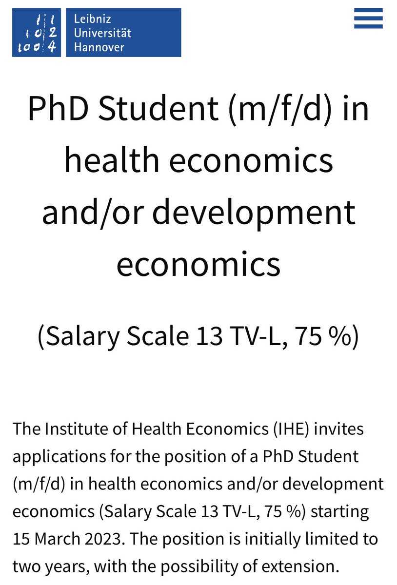 MudgeRulf's tweet photo. Leibniz university of Hannover in Germany is offering a PhD position in health economics &amp;/ or development economics. Here is how to apply : https://t.co/SCEgmQuzxs . Happy holidays . https://t.co/t6vMe36smP