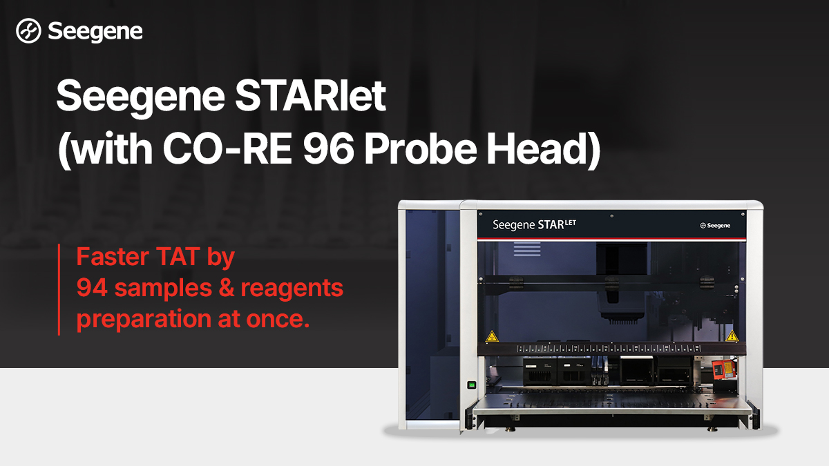 Seegene STARlet(with CO-RE 96 Probe Head), flexible solution gets faster TAT.
Improve the workflow efficiency in your lab with Seegene STARlet(with CO-RE 96 probe head)
featuring fast TAT and high-quality pipetting technology.

#Seegene #STARlet #MolecularTesting