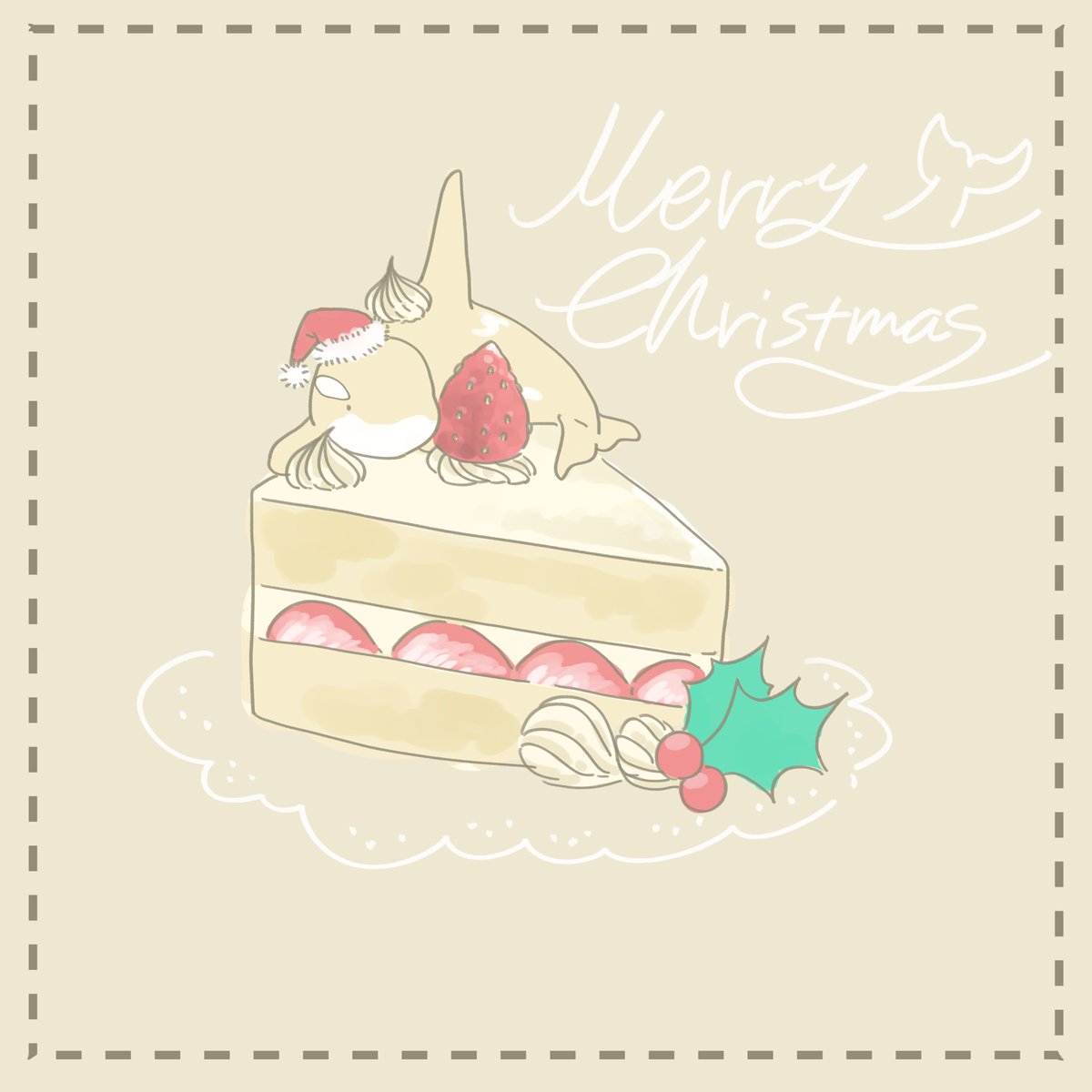「Merry Christmas!白いシャチが乗ったショートケーキをどうぞ。(苺を」|まつおるかのイラスト