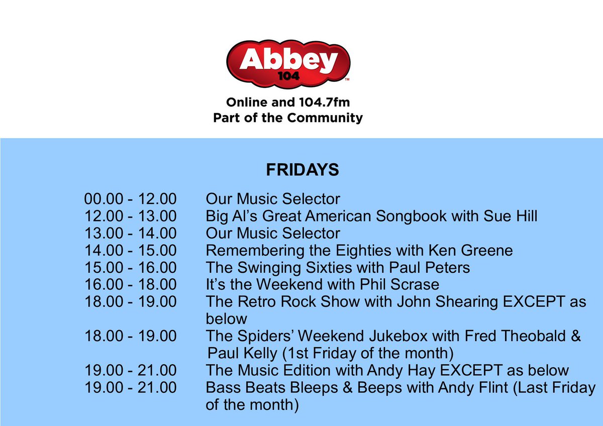 It’s the last Friday before Christmas, so make sure you tune into your favourite community radio station Abbey104
Join our dedicated team of volunteer presenters today, who will bring you a varied day of Shows
Broadcasting locally every single day of the year
Merry Christmas