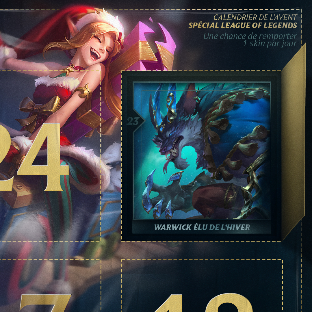 LoL_France's tweet photo. 🎁 Case n°23 🎁

Pour l'avant dernier jour du calendrier, on termine avec un skin de cette année : Warwick élu de l'hiver ❄️

Pour participer, likez et commentez cette publication avec le #CalendrierAventLoLFR avant 23h59 CET.

TAS des 3 gagnants lundi matin 🎄 https://t.co/VRSyBQ3mWI