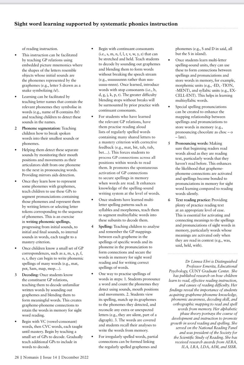 Excellent summary by Dr Linnea Ehri in the latest issue of Nomanis - what systematic phonics instruction should include in order to facilitate the process of orthographic mapping and building of a large sight word vocabulary.…8-4e88-a85f-89bfd8fb226b.usrfiles.com/ugd/81f204_71d…