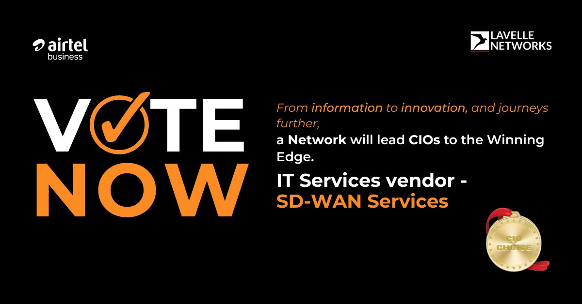 lavellenetworks's tweet photo. We are excited to announce that we have been nominated as "Airtel Business - Lavelle Networks SD-WAN" for the renowned #CIOChoiceAwards2023 in the category of IT Services Vendor - SD-WAN Services. 
Cast your vote here: https://t.co/AeoPxvrDoc
@AirtelBusiness @lavellenetworks https://t.co/Y6wGz4KKvu