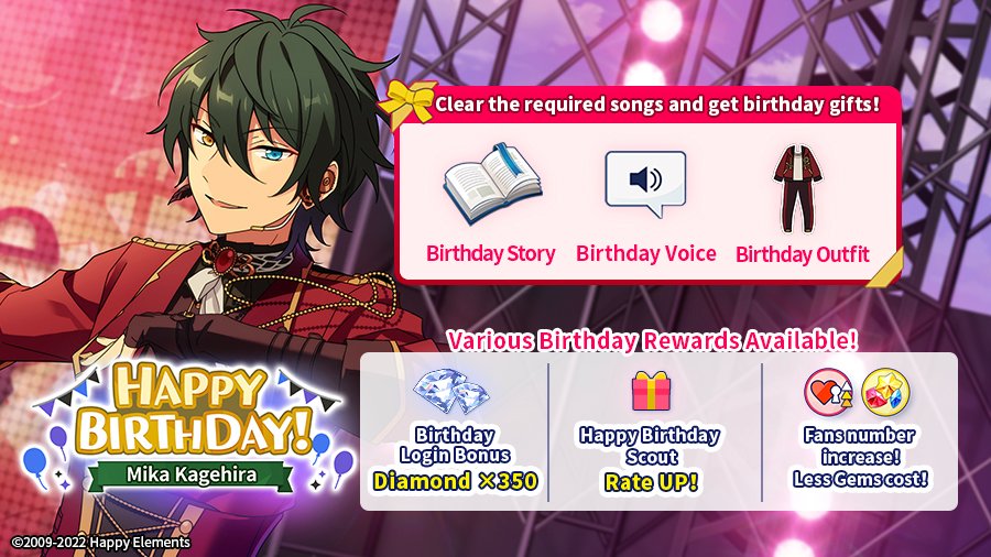 enstarsmusic_EN's tweet photo. Today is the birthday of Mika Kagehira! Happy Birthday to Mika!

⏰Birthday Event Time:
2022/12/26 12:00 AM - 11:59 PM GMT-5

🎁Log in on 12/26 for the first time, you can receive 350 Diamonds as a birthday celebration gift!

Please refer to the game for more details. https://t.co/s7HH1dgGTT