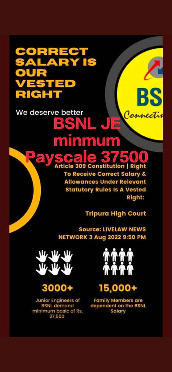 muneer38016481's tweet photo. #BSNL_JE_Minimum_PayScale_37500 
DRJE one of most devoted cadre for BSNL services..plz provide them atleast STANDARD payscale (₹37500),that can justify their role in BSNL.
#BSNL @PMOIndia @FinMinIndia @BSNLCorporate
@CMDBSNL
@devusinh  
@AshwiniVaishnaw
@DoT_India https://t.co/zZWMA2nbFV