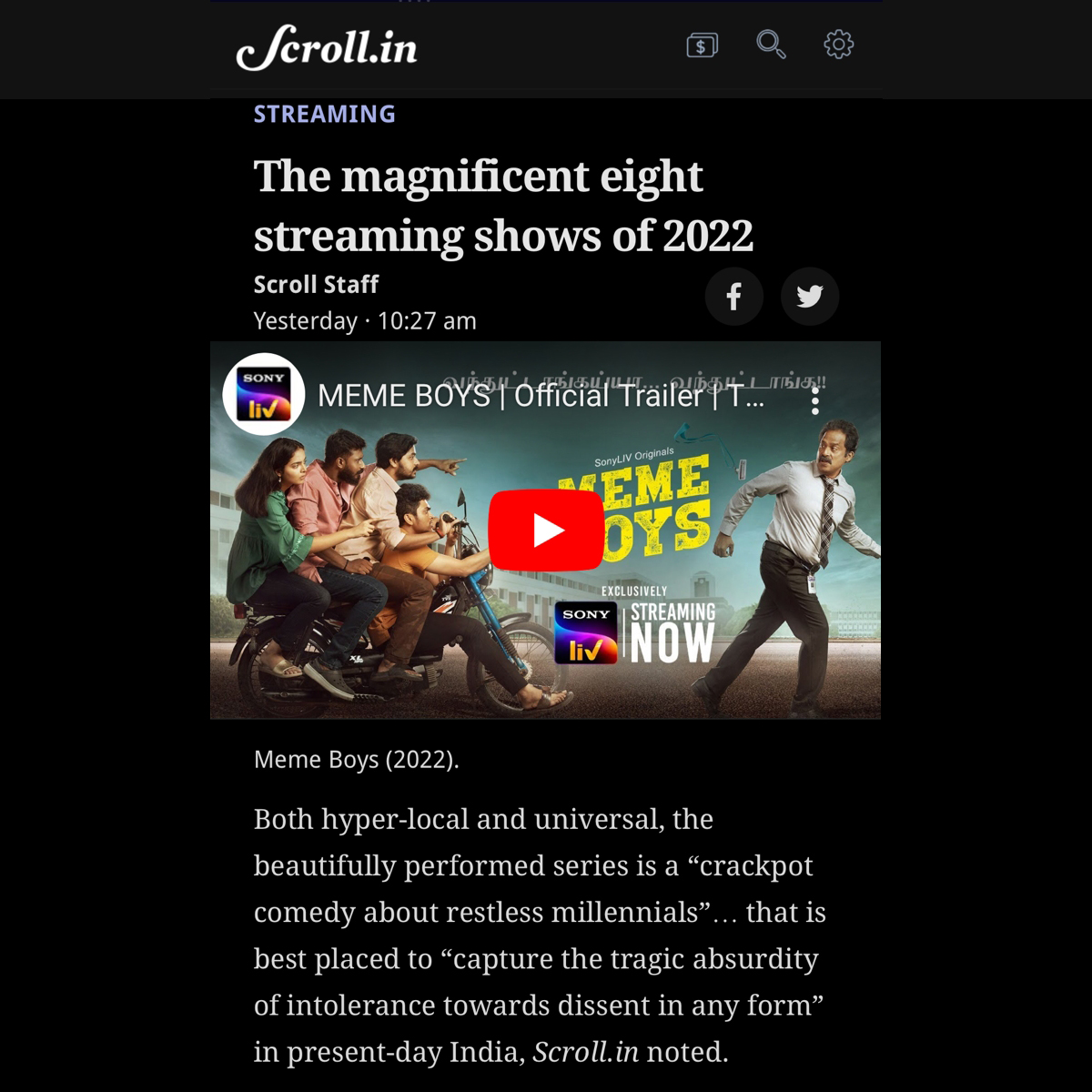 Thanks to <a href="/scroll_in/">Scroll.in</a> for featuring our production the <a href="/SonyLIV/">Sony LIV</a> Tamil series ‘#memeboys’ in their list of the shows to watch out for in 2022! #MemeBoys- a #RainshineStudios production, streaming on #sonyliv #webseries #tamilwebseries #comedy #comedywebseries #Tamil #memes