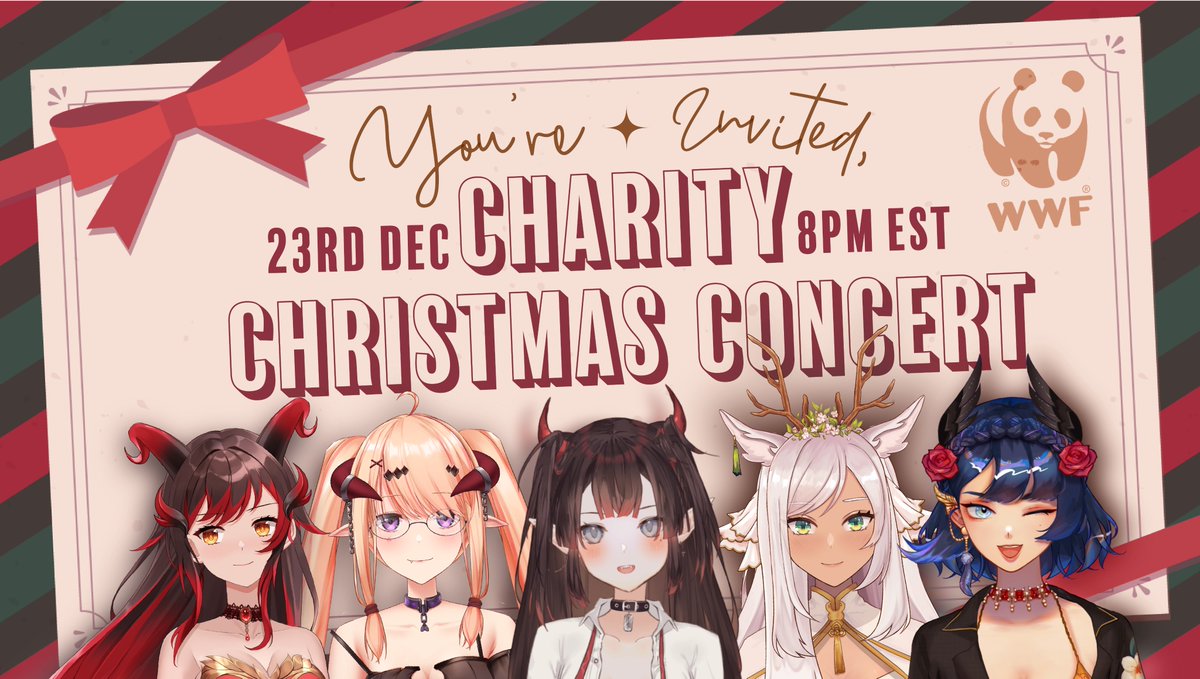 「 WWF CHARITY CHRISTMAS CONCERT 」
Join us on the 23rd December 8PM EST
as we celebrate the festive season while raising funds for WWF's #GreenChristmas 🎄

Concert will be streamed on my channel link below!
(also heard some cute and talented ladies will be there)
#Vtubers