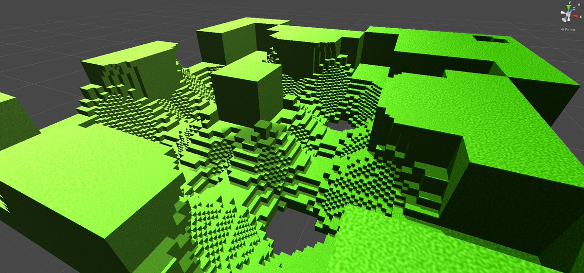 Goofing around with Octree based terrain gen. I love the variation in block size! #gamedev #octrees #minecraft