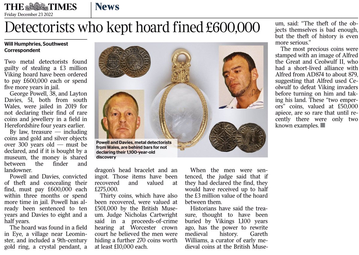 The theft of history. Detectorists who did not declare a priceless £3m Viking hoard must pay £600k each or stay in jail another five years on top of the 10 and 8.5 years they were sentenced to. Judge says they may still have 270 coins worth £10,000 each.