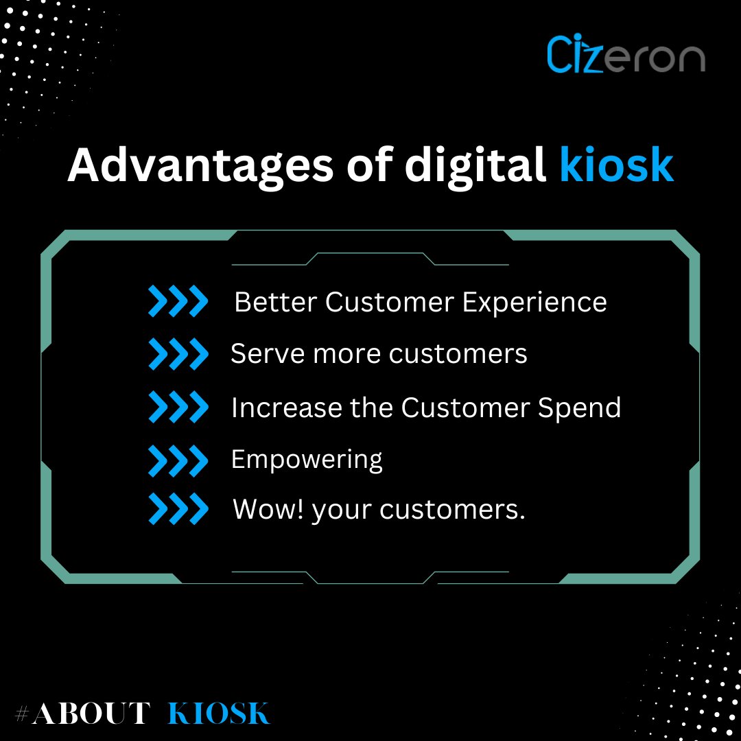 CizeronK's tweet photo. Advantages of digital signage kiosks.
-Better Customer Experience
-Serve more customers
-Increase the Customer Spend
-Empowering
-Wow! Your customers.

look at our website - https://t.co/QUJ3DjCZL6

#kiosk #digitalsignage #selfservicekiosk
#marketing https://t.co/YYUJ9NslAI