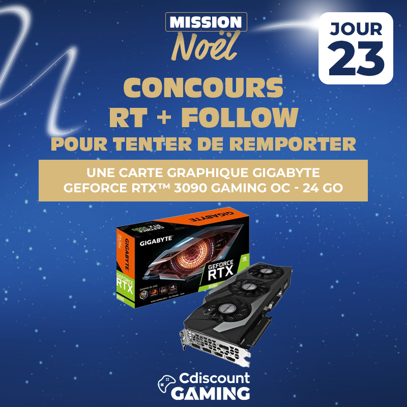 🎁 #Concours - Calendrier de l'Avent 🎄 JOUR 23 Pour terminer en beauté ce calendrier de l'Avent, tenter de remporter cette carte graphique GIGABYTE GeForce RTX™ 3090 GAMING OC - 24 Go 🛒 bit.ly/3BNCIpF Pour cela : 🔸 RT + FOLLOW ⏰ TAS 28/12