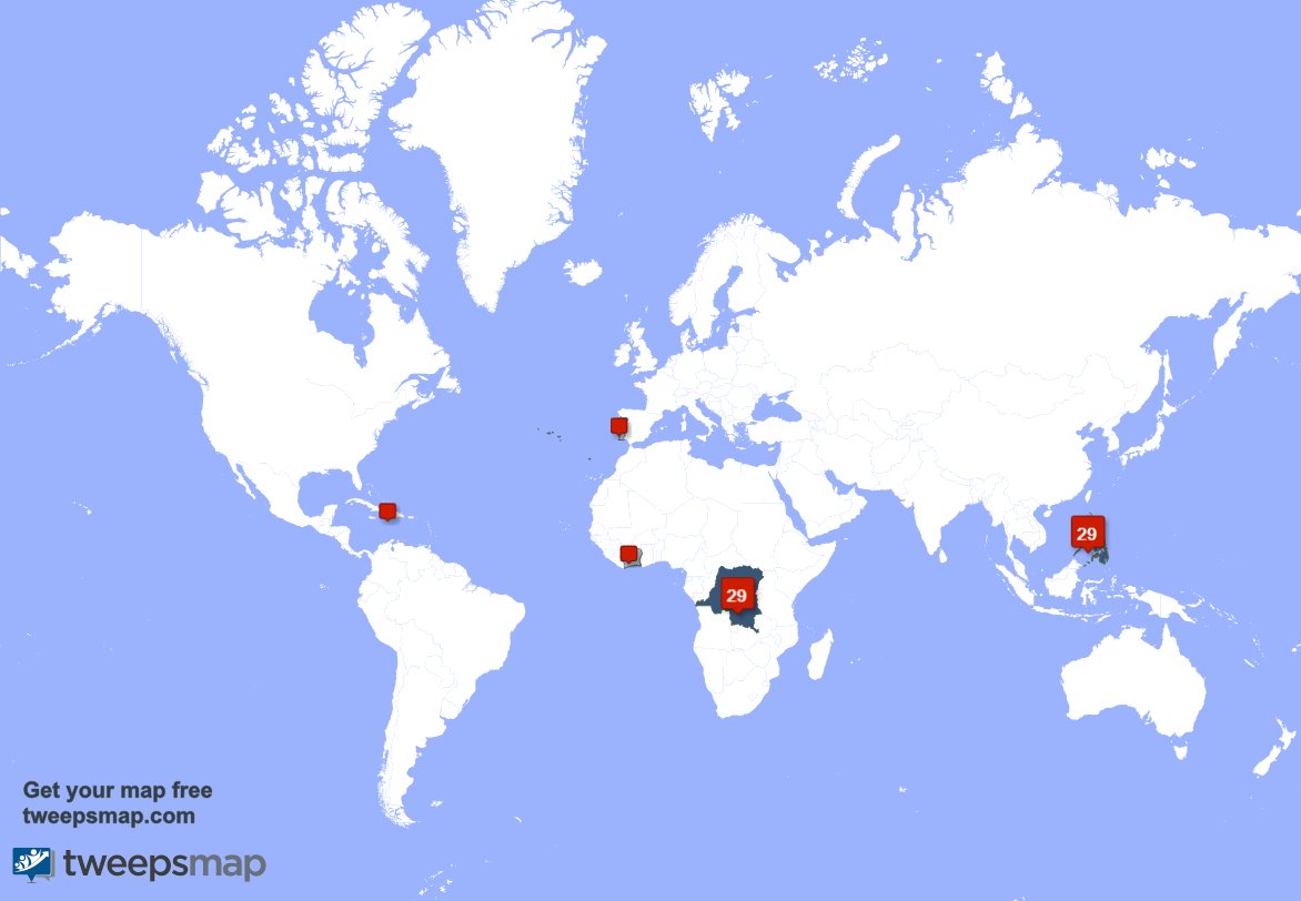 Selon tweepsmap.com/!florentfba Mes abonnés vivent en: Philippines(33%),République démocratique du Congo(33%),Haïti(11%)