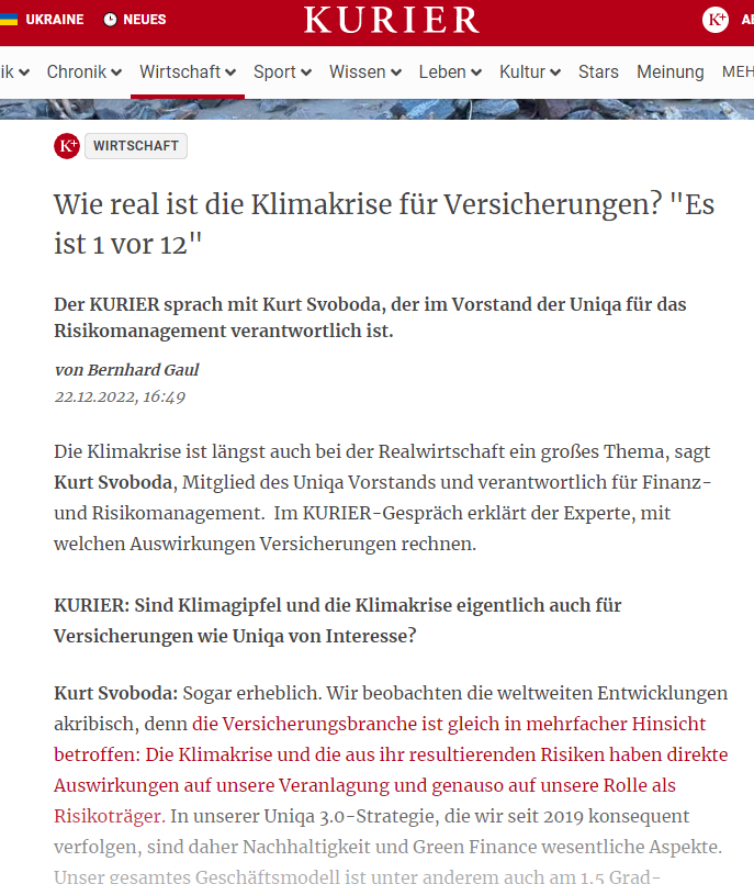 Klauz's tweet photo. Starkes Statement von unserem Vorstand @SvobodaKurt im heutigen @KURIERat zum Thema #Klimakrise: "Jeder muss sich damit auseinandersetzen und handeln. Nicht morgen oder am nächsten Wochenende, sondern jetzt – es ist „1 vor 12“.
Überhaupt eine #Leseempfehlung: (1/3) https://t.co/RFCvg1rooV