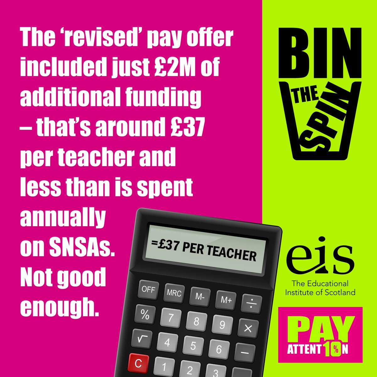 EISUnion's tweet photo. If the Scottish Government &amp; COSLA are truly serious about reaching a pay settlement with Scotland's teachers – and halting industrial action in our schools – they must come back with a much more credible, fair, undifferentiated  &amp; substantially improved pay offer. #PayAttention https://t.co/lfEMxcx5lM