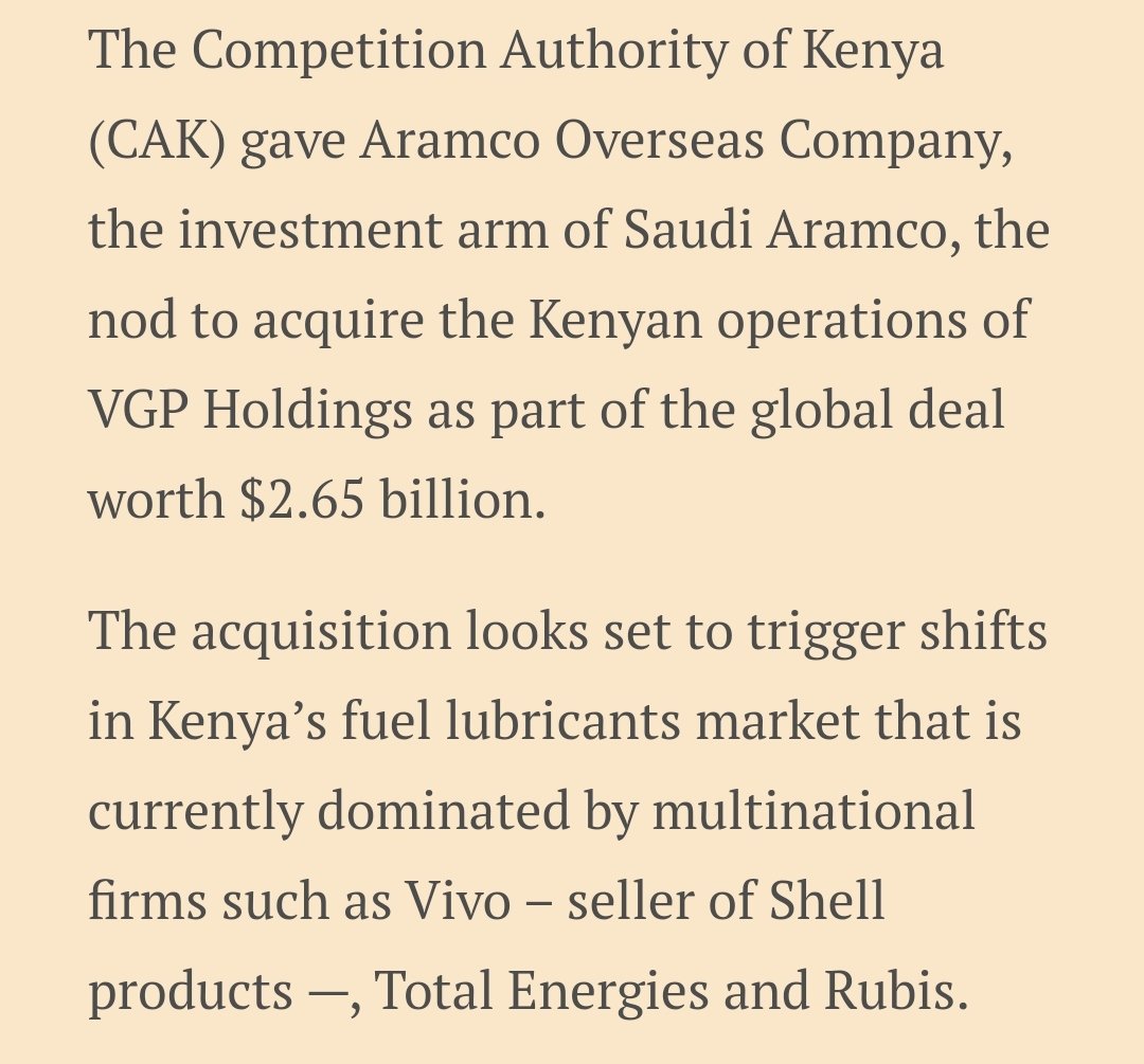 Saudi Aramco [@saudi_aramco], the world’s biggest oil producer, is set to enter the Kenyan market through the acquisition of US motor oil and lubricants group Valvoline [@Valvoline ] which has a presence locally. -@BD_Africa.