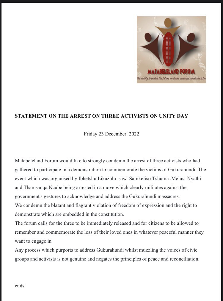 The Matabeleland Forum has called for the release of the three activists Samkeliso Tshuma,Melusi Nyathi and Thamsanqa Ncube following their arrest yesterday, for attending the march to commemorate the victims of #Gukurahundi organised by lbhetshu likaZulu 

#Asakhe