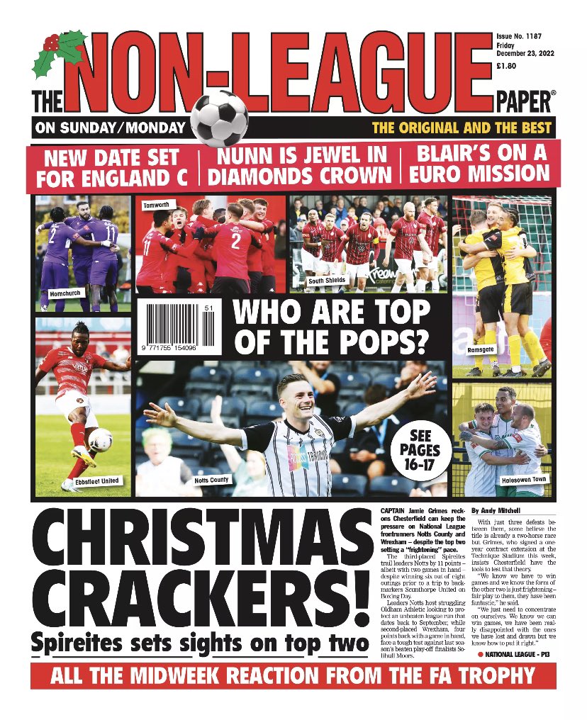 🗞 It’s Sund….Friday!

Because Christmas Day falls on Sunday this year, this week’s NLP is OUT NOW!

1️⃣ Christmas No.1s
🎁 NLP presents
🏆 FA Trophy
⚪️ Coalville
🔵 Chesterfield 
🔴 Hyde
🟡 Hitchin
⚪️ Truro 
🔴 Hornchurch
✍️ Incenzo
🗓 Fixture
➕ Much more