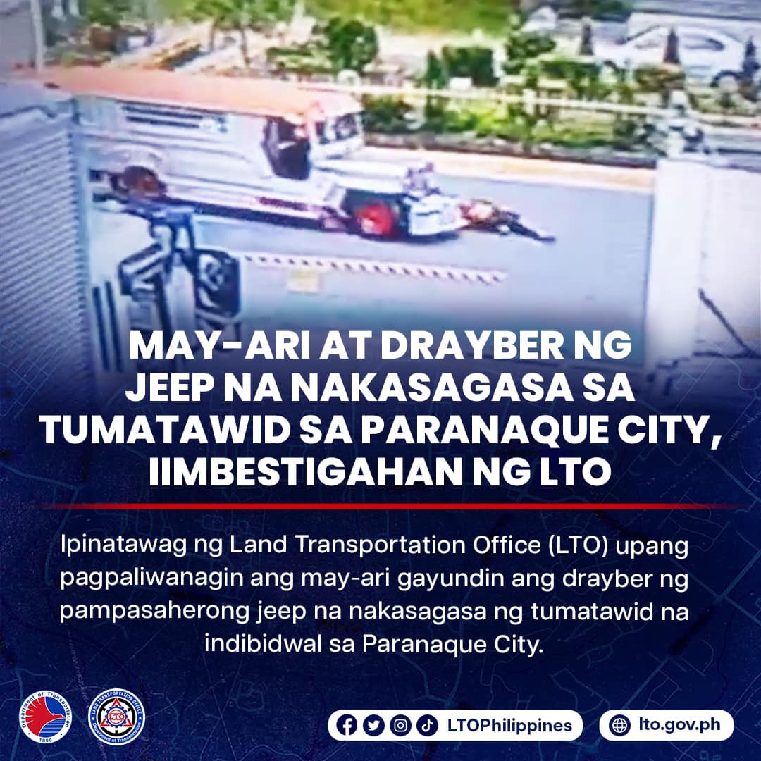 LTOPhilippines's tweet photo. Ipinatawag na ng LTO upang pagpaliwanagin ang may-ari gayundin ang drayber ng pampasaherong jeep na nakasagasa ng tumatawid na indibidwal sa Paranaque City.
Read more: https://t.co/xCPNVPVhLL
#LTOPH🇵🇭
#LTOPhilippines
#DOTrLTO
#WorkingLTO https://t.co/kb58MiubrT