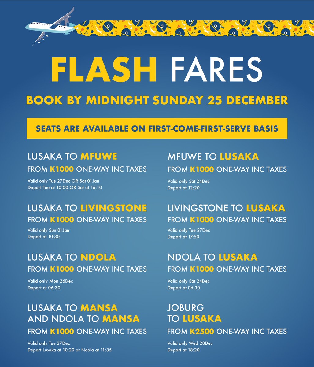 proflightzambia's tweet photo. FLASH FARES ALERT! π¨
Get ready to #Soar with #ProflightZambia #FlashFares! π
Book online at https://t.co/koukLH79uW or via
reservations@proflight-zambia.com
πΏπ² +260 977 335 563
πΏπ¦ +27 (0) 87 138 5203
WhatsApp +260 777 034 742
Last booking day is Sunday 25 December
#PlaneSmart https://t.co/3WEDmeLo0H