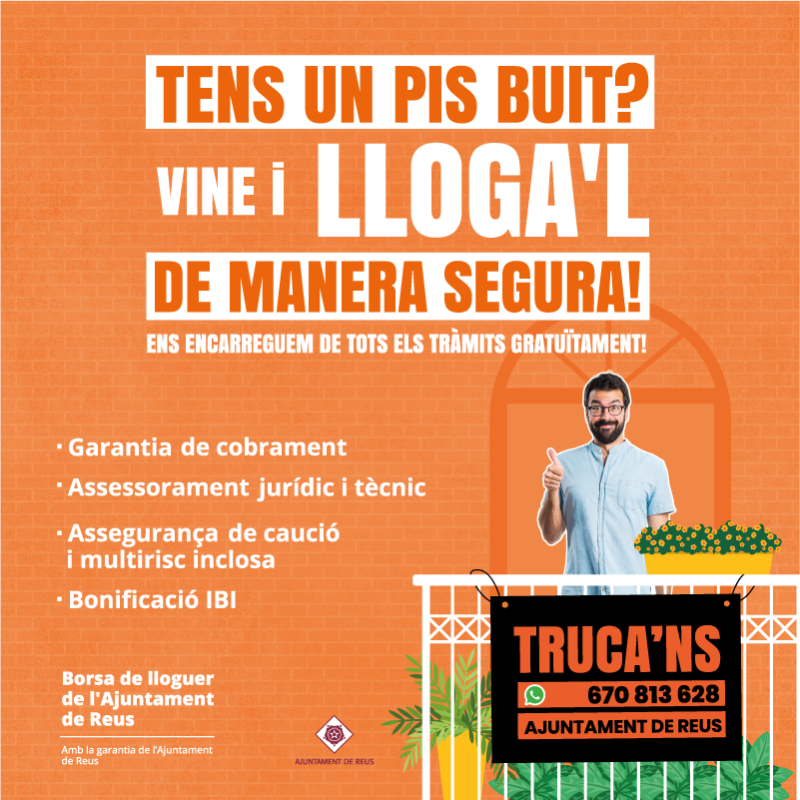 reus_cat's tweet photo. Tens un pis buit? 
Vine i lloga’l de manera segura!