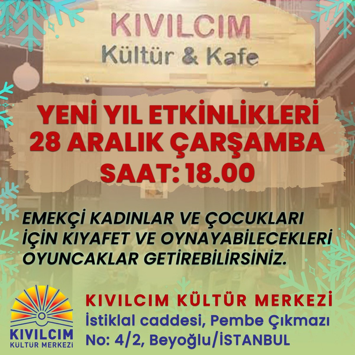 📢 #KıvılcımKültürMerkezi yeni yıla hazırlanıyor! 

Emekçi kadınlar ve çocuklarıyla yapacağımız etkinlik öncesi kıyafet ve oyuncak dayanışmasına çağırıyoruz.

Pembe Çıkmazındaki yerimize, 28 Aralığa kadar, artık kullanmadığınız giysi ve oyuncakları getirebilirsiniz.

#yeniyıl