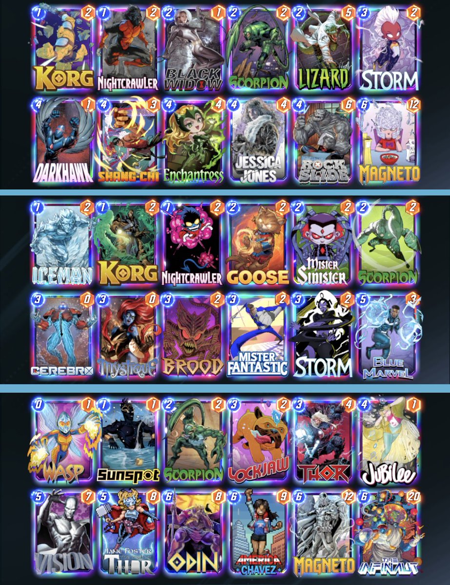 sky_tding's tweet photo. Here are a variety of recent good decks (e.g. decks with Silver Surfer, Nick Fury etc.). Feel free to swap some cards for the cards you love/have.  HAVE A FUN HOLIDAY! 🏝️❄️ https://t.co/R3jCz1HqFp