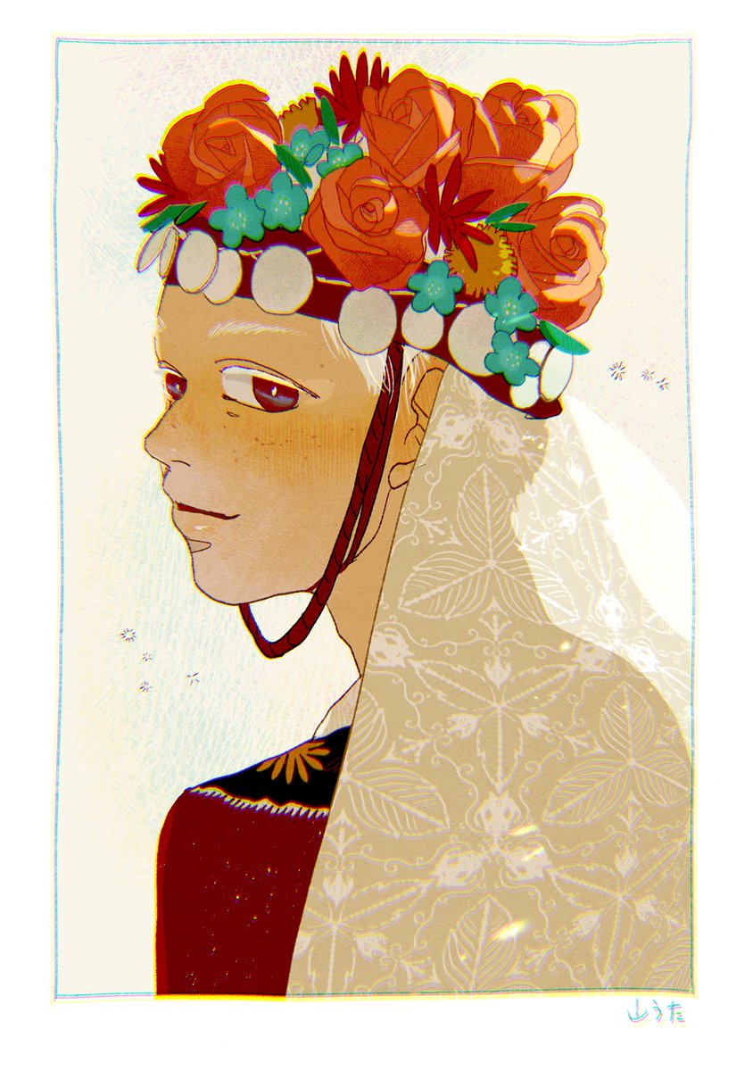 solo flower freckles red eyes head wreath looking at viewer veil  illustration images