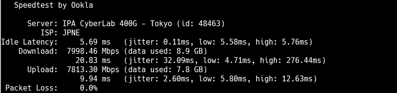tonemarujp's tweet photo. 光クロス+JPNE+v6固定IP ＋ RouterOS(8700k, BCM57810S, X540T2) + Proxmox(12100F, 2core q35, X520SR1 SR-IOV)
これでよさげ。 IPv6上下8Gbpsで上限まで出た。 RouterOS、ライセンス買お。いくらやろ。

IPA Cyberlab(400G, IPv6) 速い。IPA Cyberlab(IPv4)でも上下5Gbpsの爆速よ。i3D パケロス。 https://t.co/qr61xUpcsY