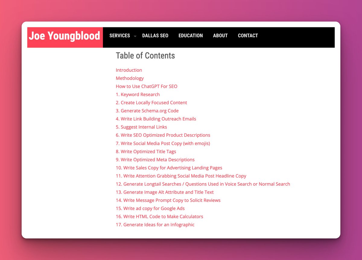 My friend <a href="/YoungbloodJoe/">Joe Youngblood - SEO, Futurology, AI, Marketing</a>'s put together a killer list of 17 ways to use #ChatGPT for #SEO, and even included how effective they were + transcript examples!  🤯👇

🔗 joeyoungblood.com/seo/ways-to-us…