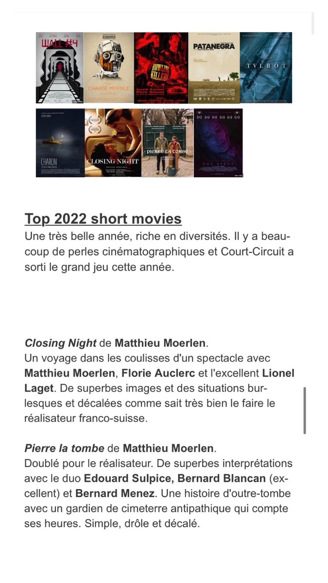 MatthieuMoerlen's tweet photo. Doublé dans le top #shortfilm du blog Ciné @olivier_hur ! 🙏🏽 merci pour la fidélité à nos productions ! @MrJadis #pierrelatombe #closingnight #topcourtmetrage #topshortfilm #topfilm #TopTen2022 #shortfilm #courtmetrage https://t.co/M3RaFQ7Gcw