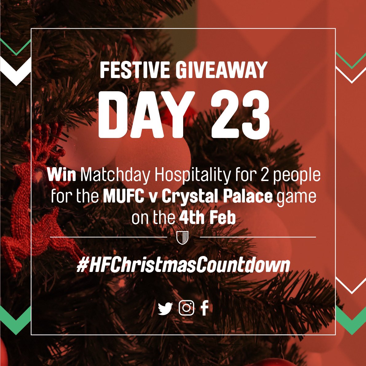 hotelfootballuk's tweet image. Day 23 of 24. We would like to bring you closer to all the action at 🏟️ and give you a chance to join our unique Matchday Hospitality for the @ManUtd vs @CPFC game! 🙌🏻

All you have to do is:
- Follow @hotelfootballuk
- Like &amp;amp; retweet

Good luck! 🤞🏻

#HFChristmasCountdown 🎅🏻