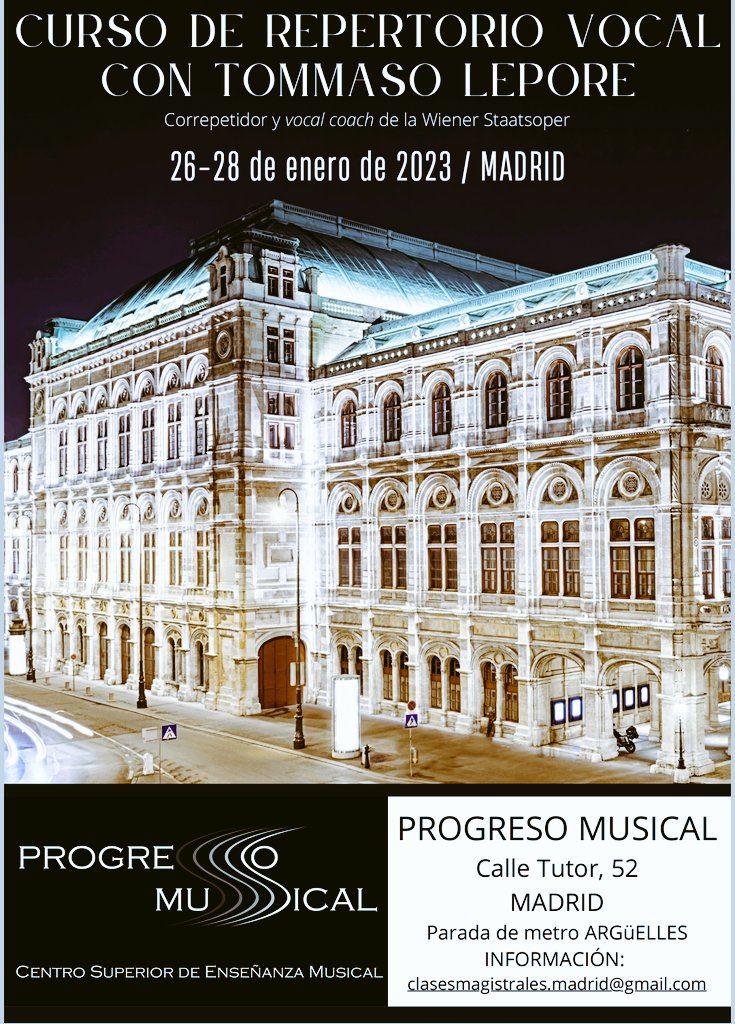 ConnectarART_TE's tweet photo. El centro superior Progreso Musical organiza estas sesiones en Madrid con el maestro Lepore, pianista de la Ópera de Viena. Compartimos la información: ¡Superinteressante! https://t.co/NwUM49fTtD