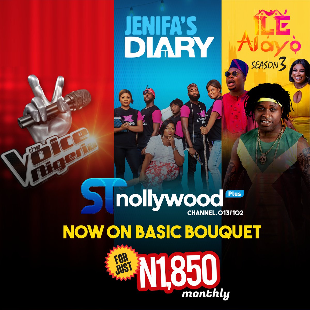 ST Nollywood Plus, is on Basic Bouquet!

Enjoy premium content; Top Reality Talent Show - The Voice Nigeria, The many faces of Jenifa's Diary and the craziest comedy in Ile Alayo Season 3.

With just N1,850, you can enjoy these great content.

#stnollywoodplus #StarTimesCares