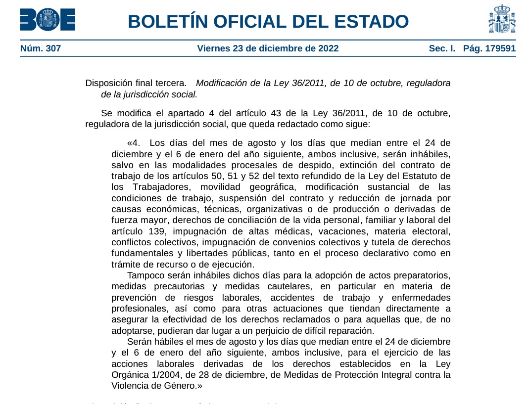 Laboralista_DCT's tweet photo. Hoy se publica en el BOE (y también escucharás en las noticias) que las Navidades ya son inhábiles en cuanto a plazos. Pero cuidado; si te despiden, te bajan el sueldo o te rechazan una petición de conciliación familiar, siguen corriendo plazos con normalidad. No te pajarees!⏳🗓️ https://t.co/ZhmdzTaygY