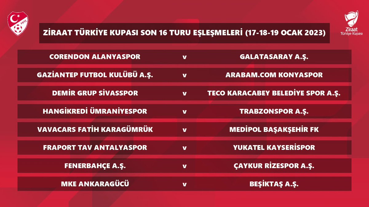 aspor's tweet photo. 🏆 Ziraat Türkiye Kupası'nda son 16 turu eşleşmeleri belli oldu! ⚔️ #ZTK https://t.co/LQ2bVCLg5Y