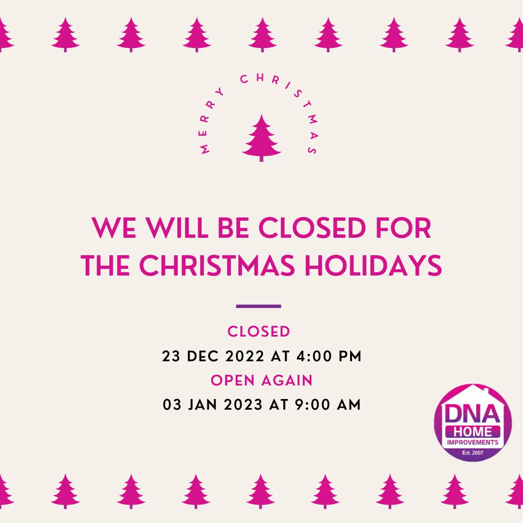 dnahomeimprove's tweet photo. Just a reminder our offices will be closing today at 4.00pm and reopening Tuesday 3rd January 2023 at 9.00am.
Our emails will still be open during this time, so if you do have any enquiries please email sales@dnahomeimprovements.co.uk
We wish all our customers a Merry Christmas https://t.co/7mL7TIVR31